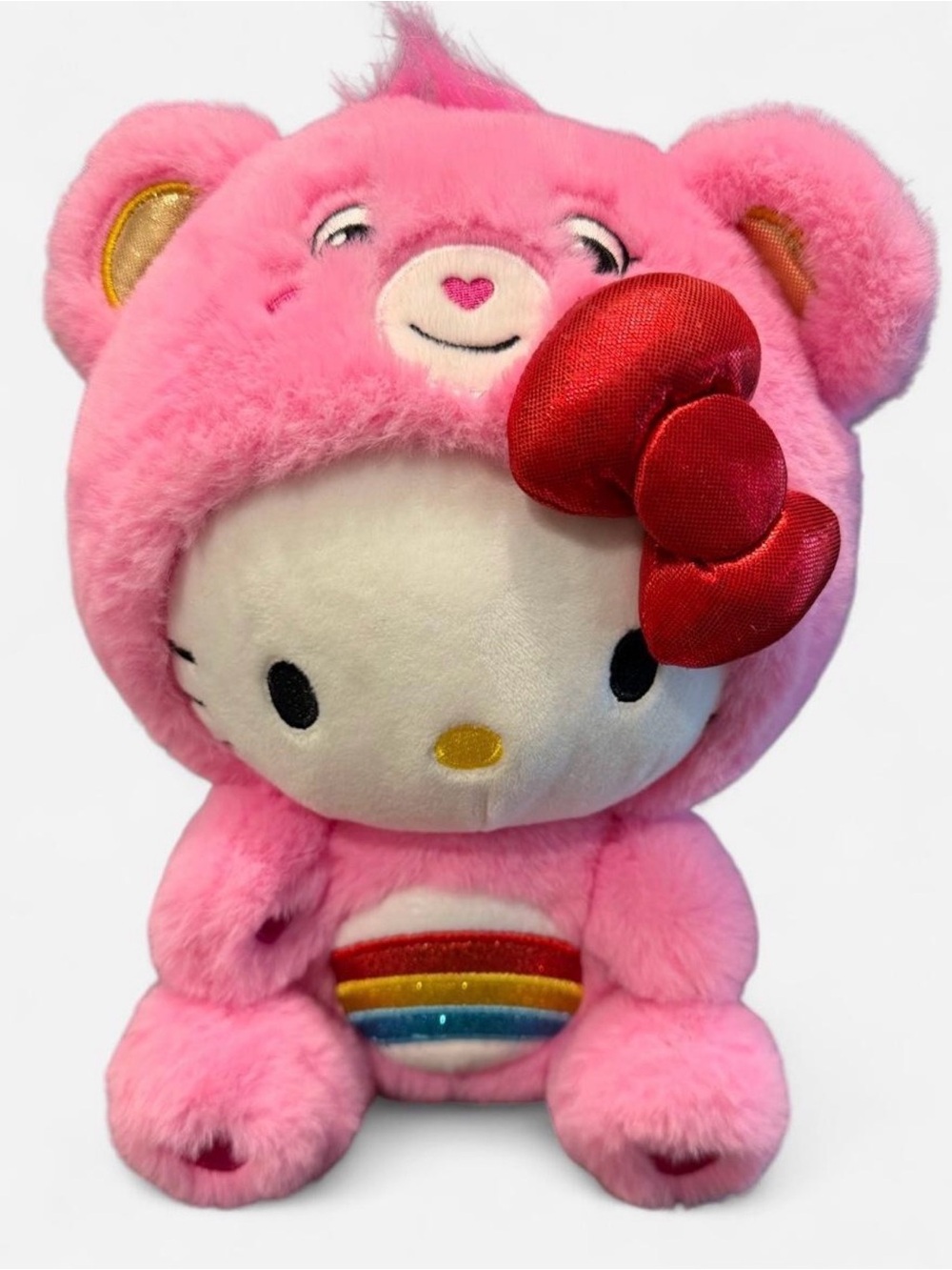 Hello Kitty Care Bear Colab Pink Plush Toy with Red Bow - Cute Rainbow